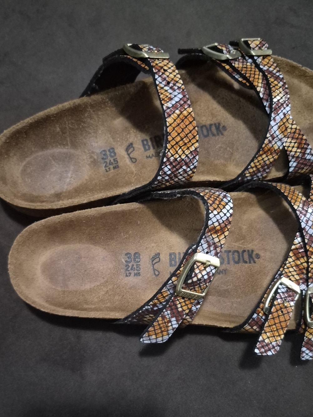 Birkenstock Triple-Strap Snake Print Sandals in Brown, Black, Cream